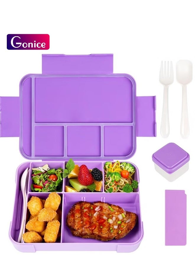 Lunch Box for Kids, 1330ML Bento Box Adult Lunch Box with 6 Compartment, Leakproof Snack Boxes with Utensil Sauce Dressing Containers, Reusable On-the-Go Meal and Snack Packing(Purple)