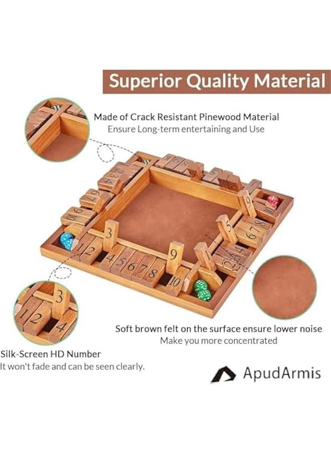 1-4 Players Shut The Box Dice Game, Wooden Board Table Math Game with 12 Dice and Shut-The-Box Instructions for Kids Adults, Family Classroom Home