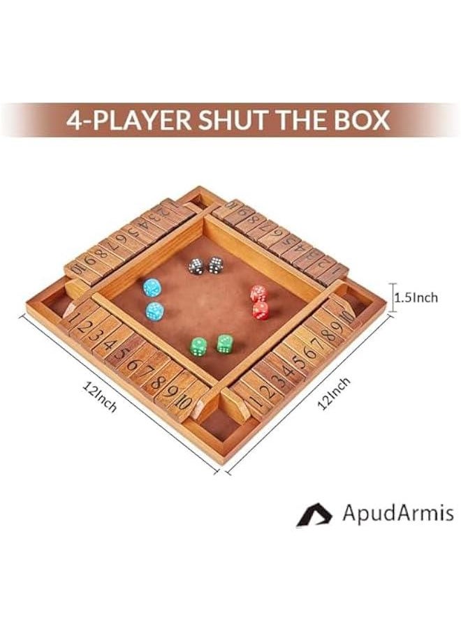 1-4 Players Shut The Box Dice Game, Wooden Board Table Math Game with 12 Dice and Shut-The-Box Instructions for Kids Adults, Family Classroom Home