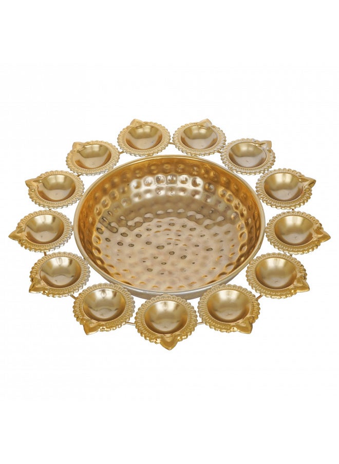 Webelkart Diya Shape Decorative Urli Bowl for Home Metal Handcrafted for Floating Flowers and Tea Light Candles Home ,Office and Table Decor| Diwali Decoration Items ( 14 Inches), Gold