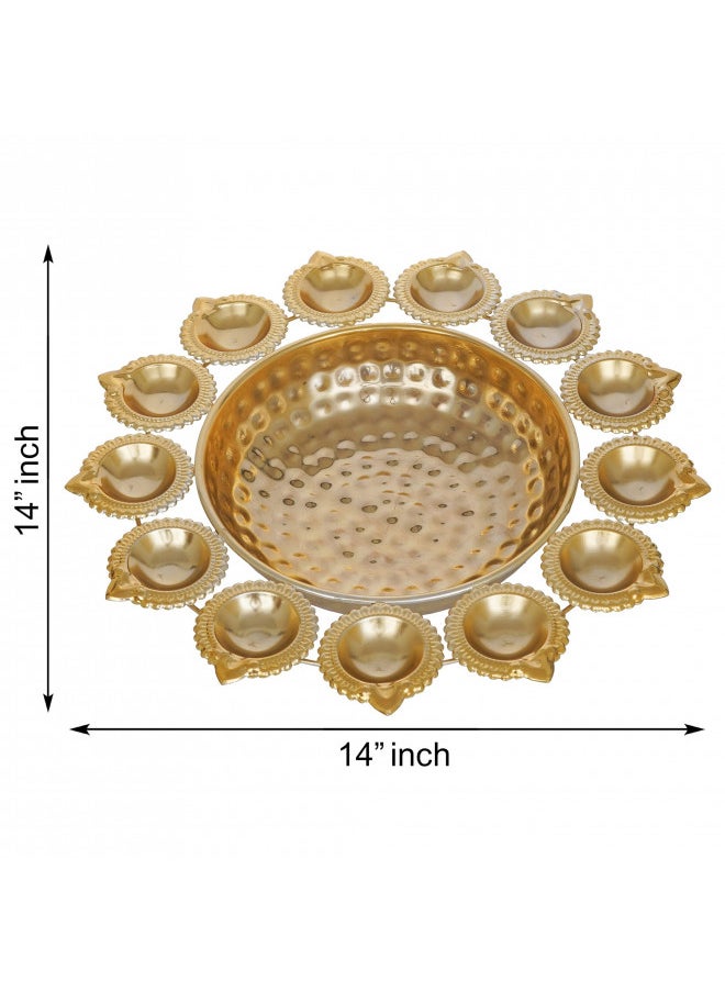 Webelkart Diya Shape Decorative Urli Bowl for Home Metal Handcrafted for Floating Flowers and Tea Light Candles Home ,Office and Table Decor| Diwali Decoration Items ( 14 Inches), Gold