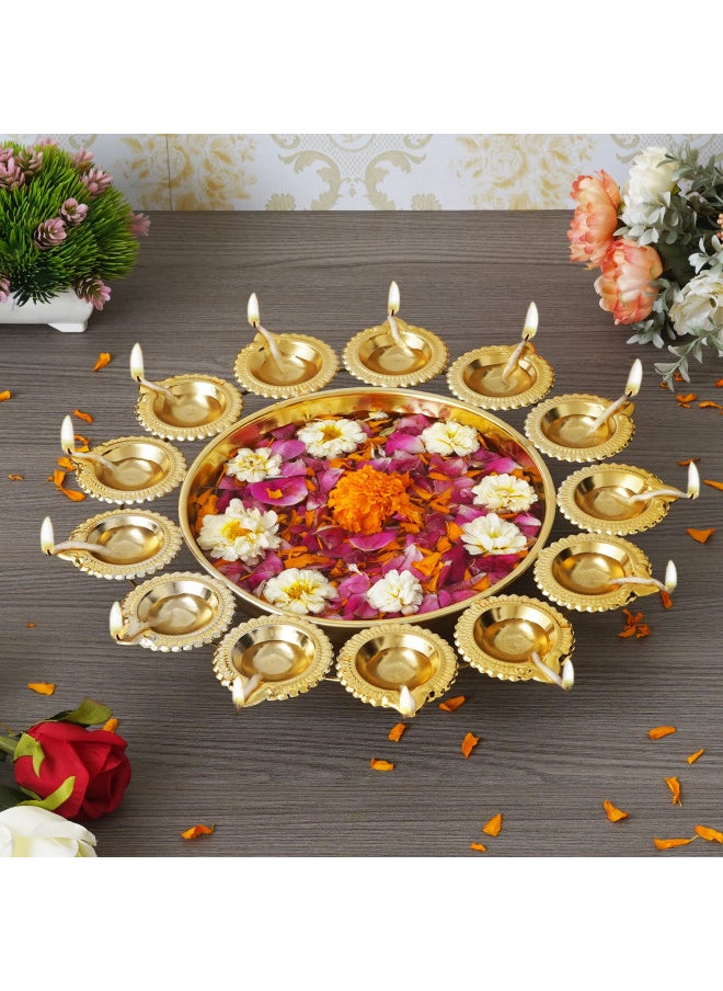 Webelkart Diya Shape Decorative Urli Bowl for Home Metal Handcrafted for Floating Flowers and Tea Light Candles Home ,Office and Table Decor| Diwali Decoration Items ( 14 Inches), Gold