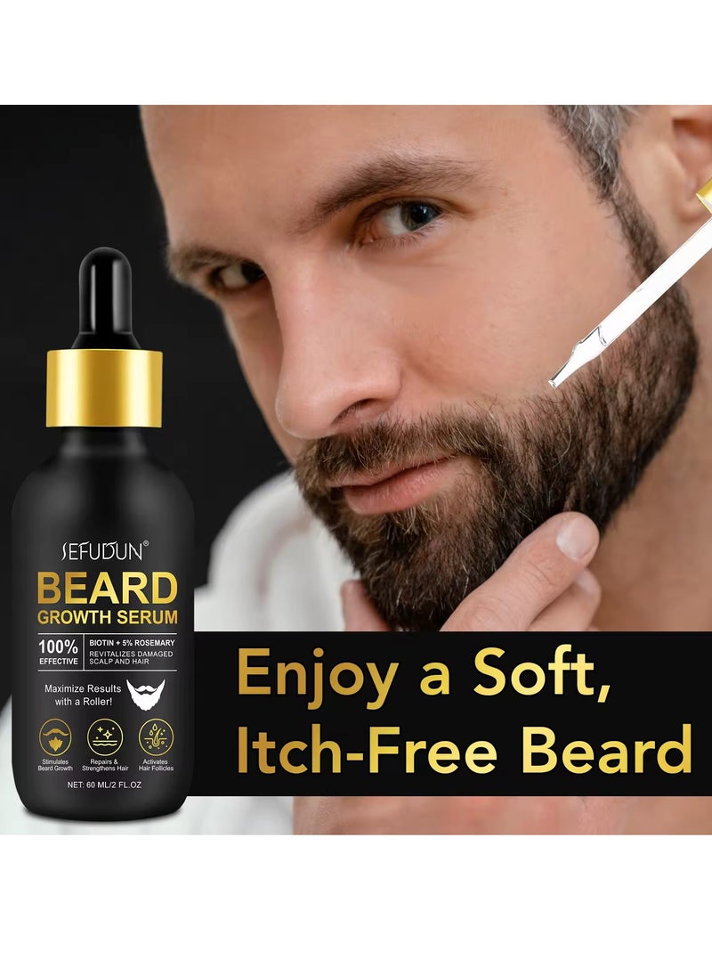 60ml Beard Growth Serum with Microneedle Roller Biotin + 5% Rosemary Beard Growth Oil with 0.25mm Micro Needle Roller Beard Growth Biotin Serum for Thicker Fuller Beard Growth Kit Beard Oil