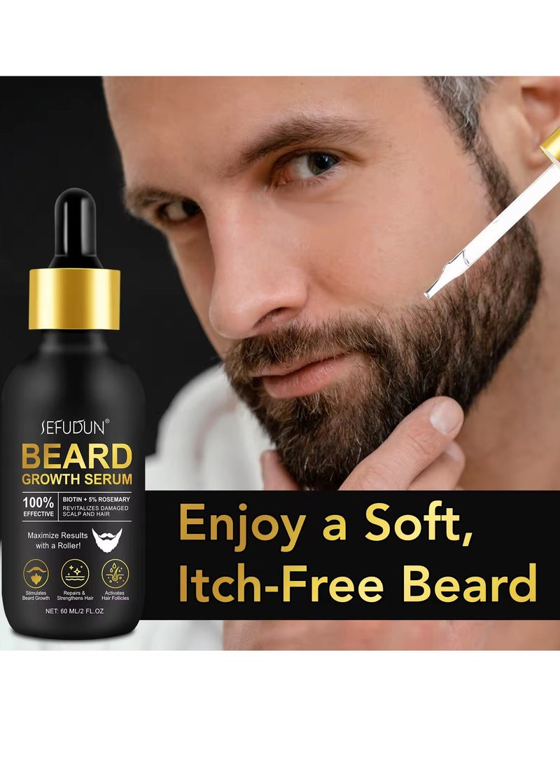 60ml Beard Growth Serum with Microneedle Roller Biotin + 5% Rosemary Beard Growth Oil with 0.25mm Micro Needle Roller Beard Growth Biotin Serum for Thicker Fuller Beard Growth Kit Beard Oil