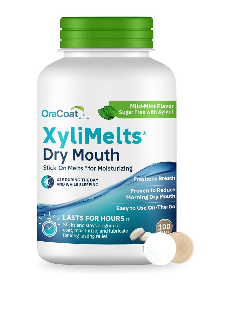 OraCoat XyliMelts Dry Mouth Relief Moisturizing Stick-On-Melts with Xylitol, 100 Count, Mild Mint, Help Stimulates Saliva for Dry Mouth, Non-Acidic, Day & Night Use, Time Release for Up to 8-Hour