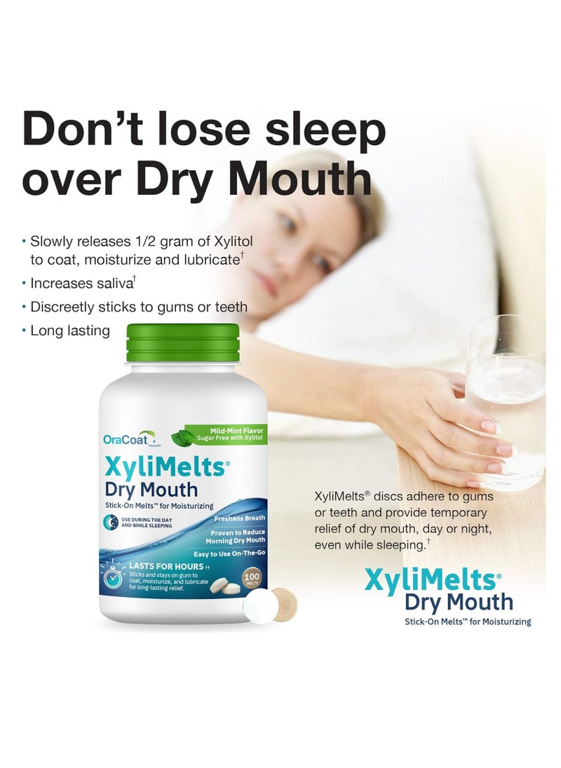 OraCoat XyliMelts Dry Mouth Relief Moisturizing Stick-On-Melts with Xylitol, 100 Count, Mild Mint, Help Stimulates Saliva for Dry Mouth, Non-Acidic, Day & Night Use, Time Release for Up to 8-Hour