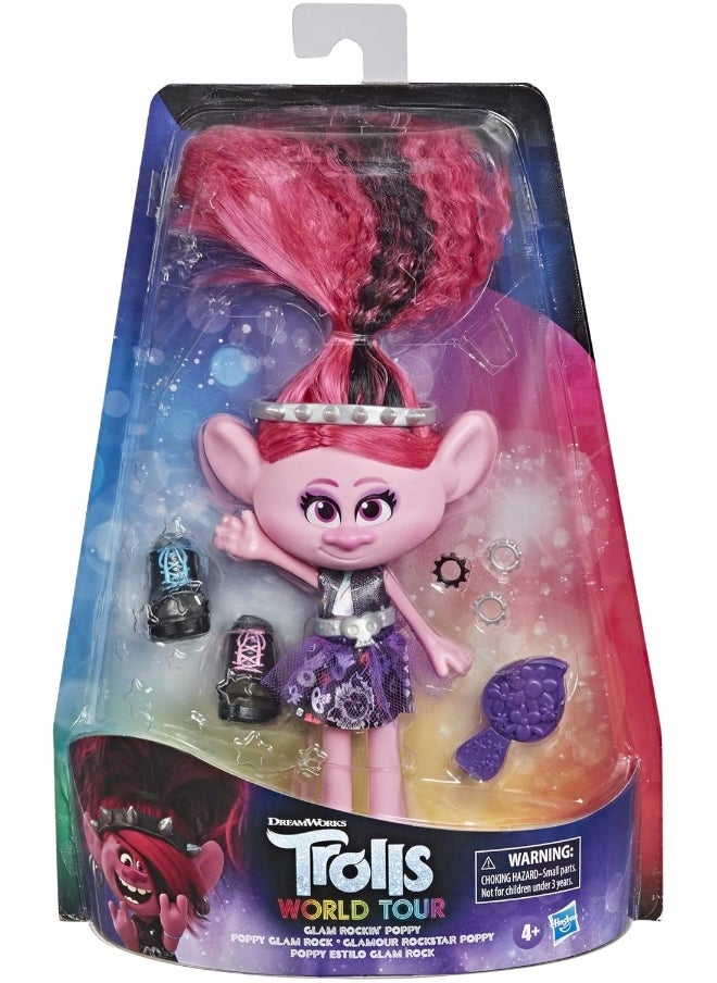 Trolls DreamWorks World Tour Glam Rockin' Poppy Fashion Doll with Dress, Shoes, and More, Fashion Toy for Girls