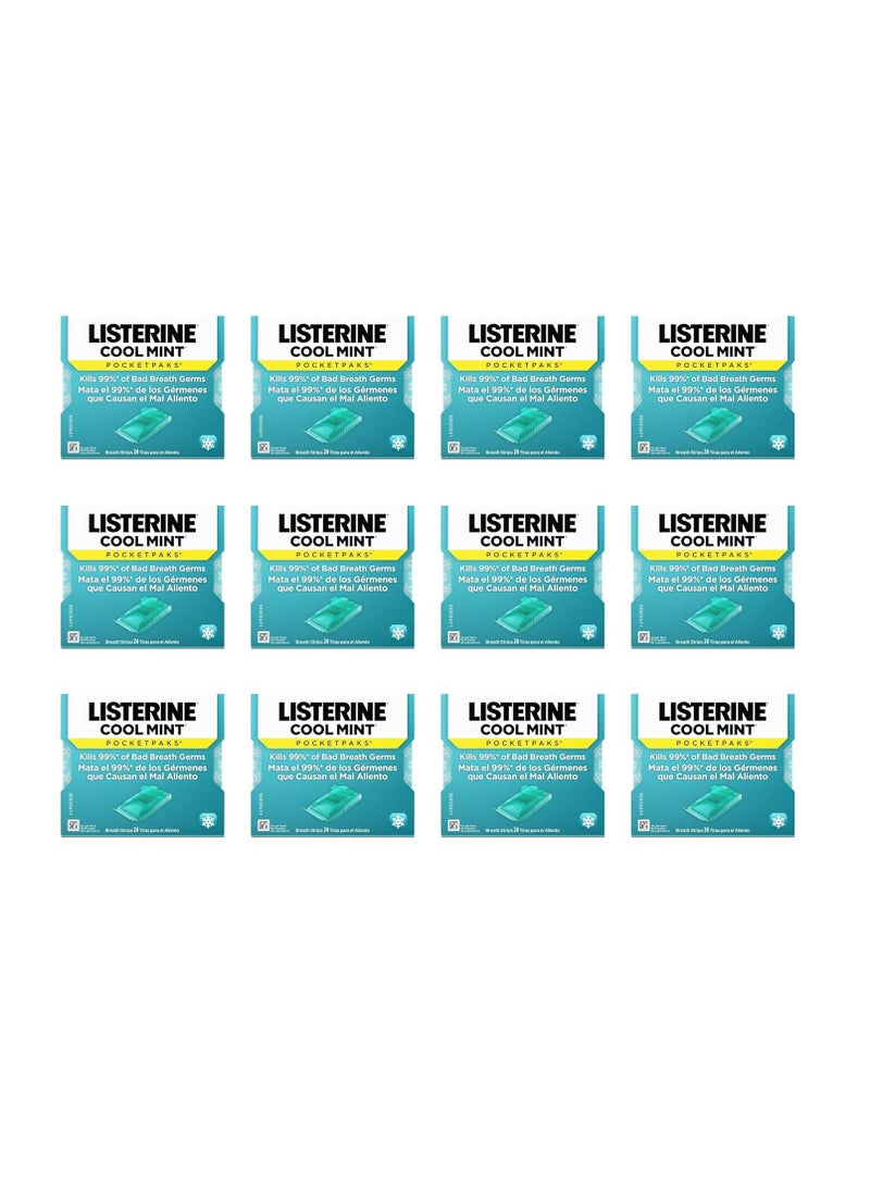 Listerine Cool Mint PocketPaks Portable Breath Strips for Bad Breath, Fresh Breath Strips Dissolve Instantly to Kill 99% of Bad Breath Germs* On-The-Go, Cool Mint, 12 Pack