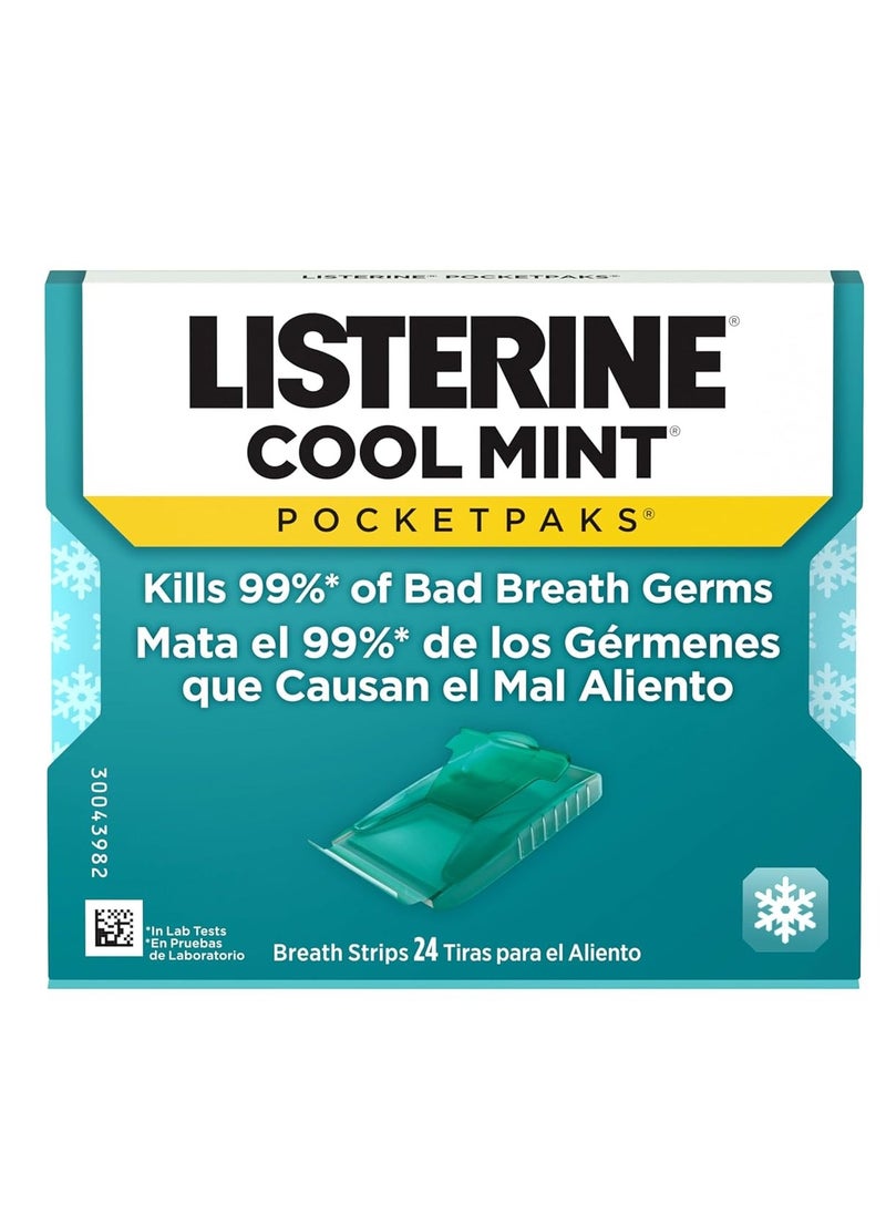 Listerine Cool Mint PocketPaks Portable Breath Strips for Bad Breath, Fresh Breath Strips Dissolve Instantly to Kill 99% of Bad Breath Germs* On-The-Go, Cool Mint, 12 Pack