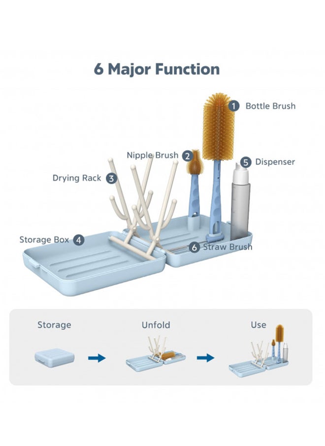 MOMMED 6 in 1 Baby Bottle Cleaning Kit, Baby Bottle Drying Rack and Brush Set, Baby Bottle Brush (Blue 3)