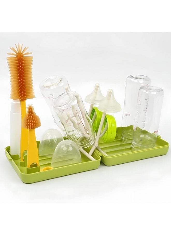 MOMMED Travel Bottle Brush, 6 in 1 Travel Bottle Cleaner Kit with Silicone Bottle Brush/Nipple Brush/Straw Brush/Soap Dispenser/Storage/Bottle Drying Rack,Portable Baby Essentials Kit for Travel Green