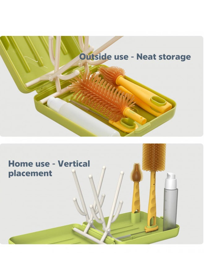 MOMMED Travel Bottle Brush, 6 in 1 Travel Bottle Cleaner Kit with Silicone Bottle Brush/Nipple Brush/Straw Brush/Soap Dispenser/Storage/Bottle Drying Rack,Portable Baby Essentials Kit for Travel Green