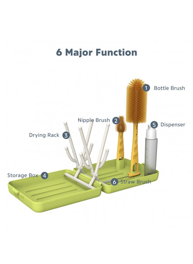 MOMMED Travel Bottle Brush, 6 in 1 Travel Bottle Cleaner Kit with Silicone Bottle Brush/Nipple Brush/Straw Brush/Soap Dispenser/Storage/Bottle Drying Rack,Portable Baby Essentials Kit for Travel Green