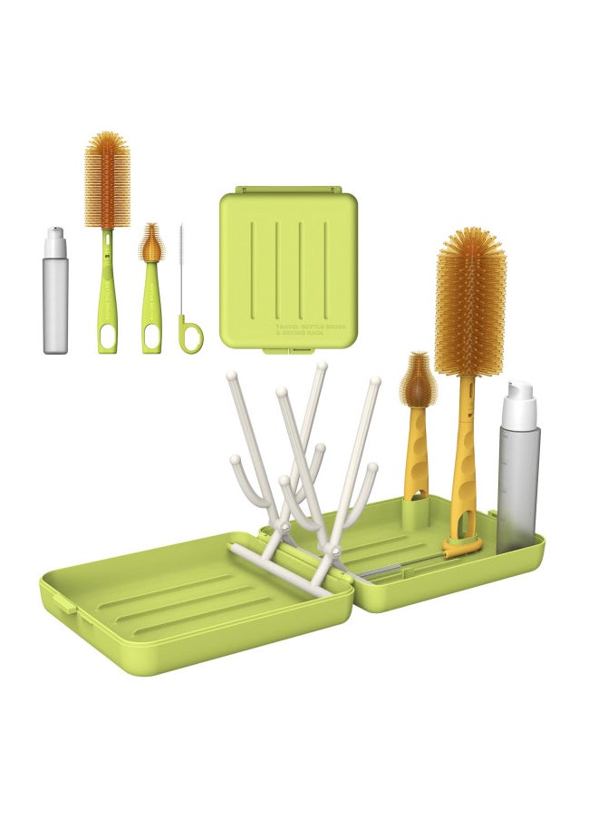 MOMMED Baby Bottle Brush, 6-in-1 Baby Bottle Brush Kit - Extendable Silicone Brush with Nipple Brush, Drying Rack, Straw Brush, Soap Dispenser & Organizer Case - Space Saving, Green