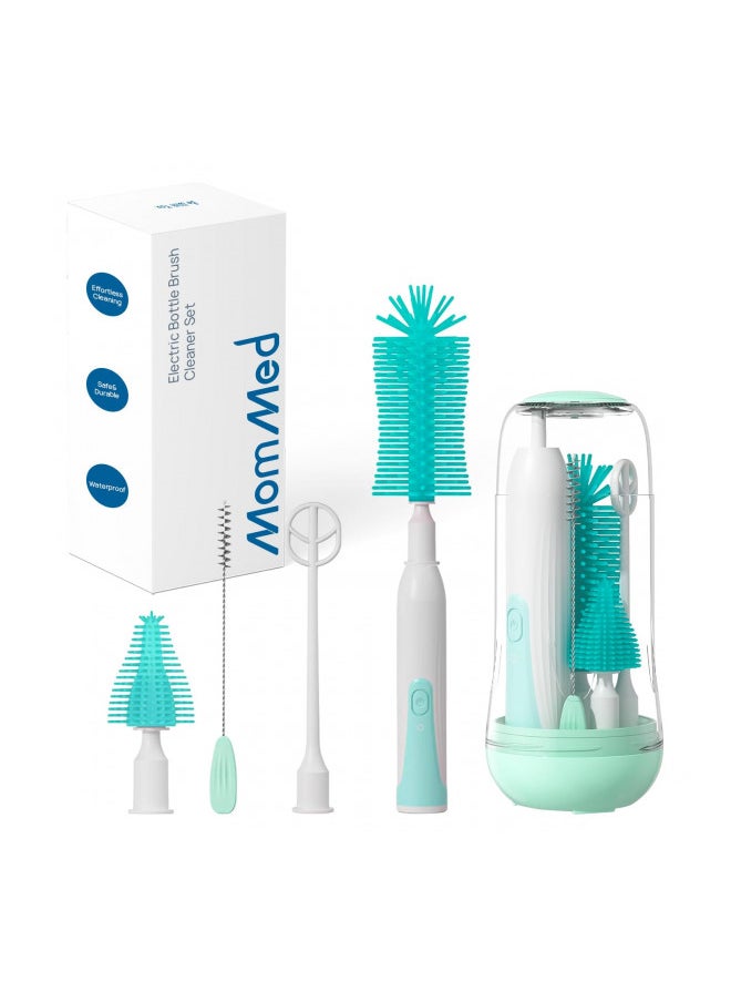 MomMed Electric Bottle Brush, Electric Baby Bottle Brush Set with Silicone Bottle/Pacifier/Straw Brush and Mixing Head, Waterproof Bottle Cleaner Brush with Drying Rack, 2 Modes & 360° Rotation