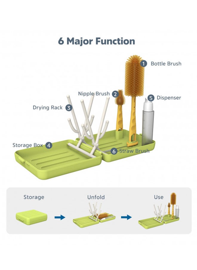 Baby Bottle Brush, 6 in 1 Baby Bottle Cleaning Kit, Baby Bottle Drying Rack and Brush Set (Green 1)