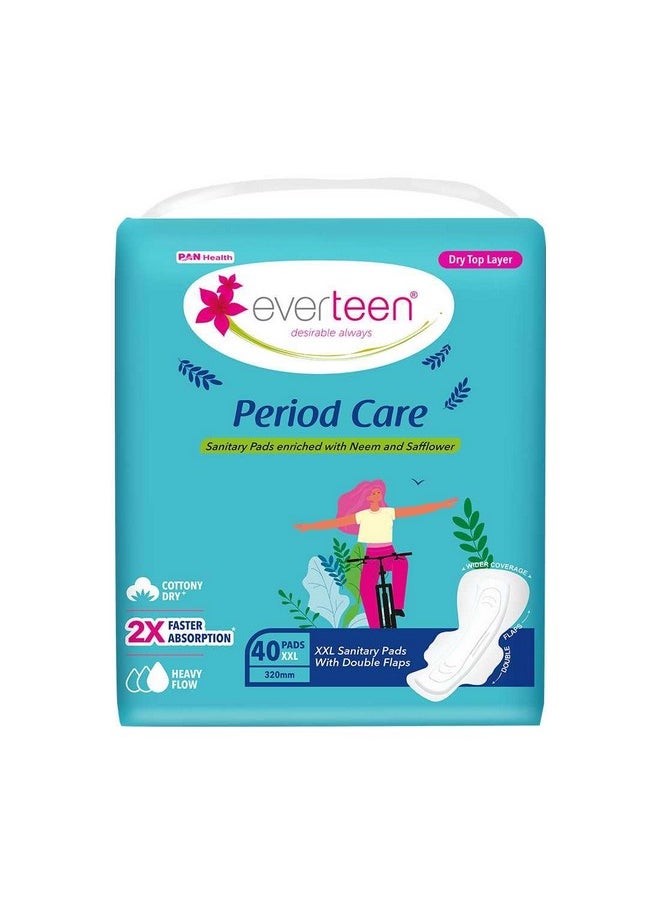 Period Care Xxl Soft And Xxl Dry Neem-Safflower Sanitary Pads For Women - 80 Pads, Rash Free, Anti Tan, Double Wing Shape, Xx Large, 320Mm - 2 Pack (40 Pads Each, 320Mm)