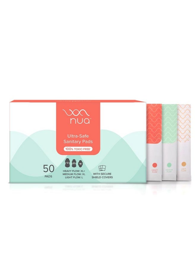 Ultra Safe 50 Sanitary Pads For Women | 3 Sizes In 1: 12 Heavy Flow-Xl+, 20 Medium-Xl & 18 Light-L | Toxic-Free & Rash-Free | Unscented | Leakproof | With 50 Disposal Pouches| Bulk Pack