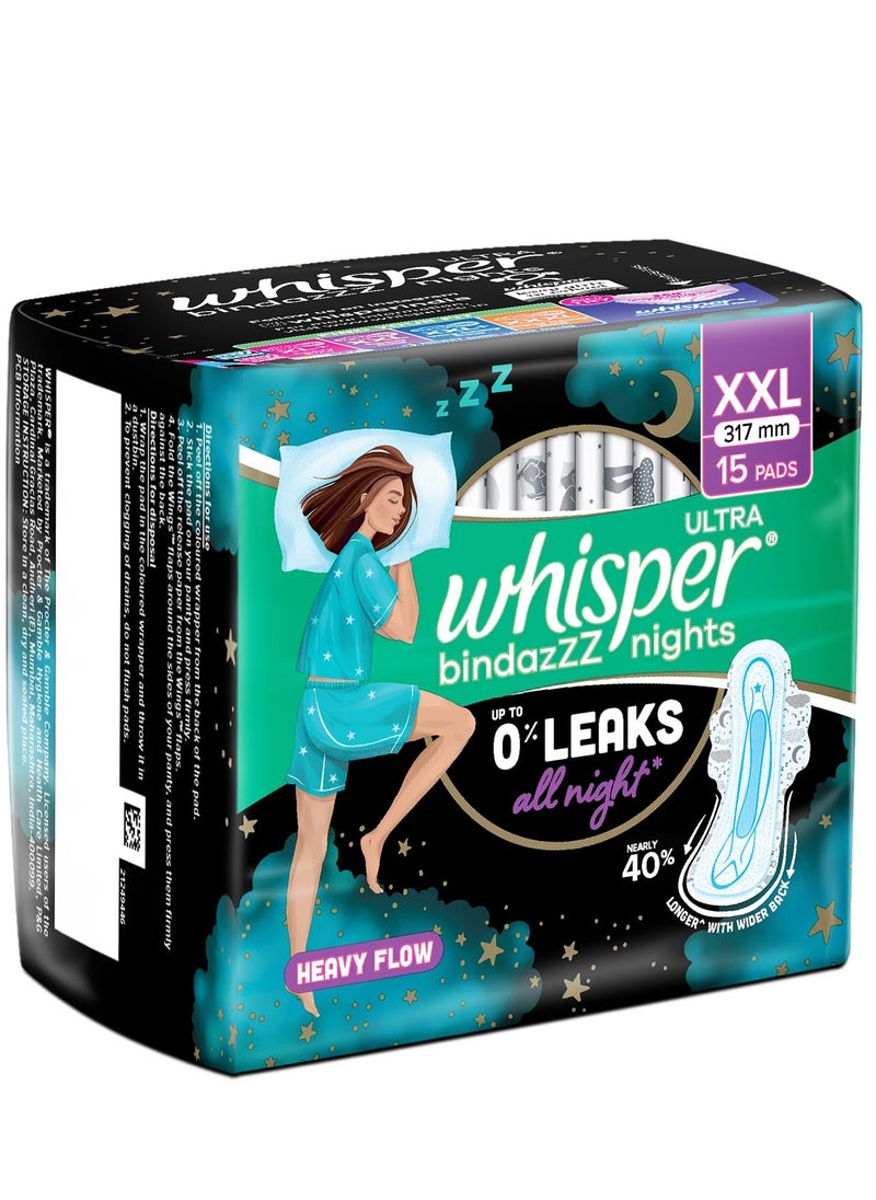 WHISPER BINDAZZZ NIGHTS SANITARY PADS, 15 XL+ PADS, UPTO 0% LEAKS ALL NIGHT LONG, FOR HEAVY FLOW, 40% LONGER & WIDER BACK, COMFORTABLE CUSHIONY SOFT WINGS, DISPOSABLE WRAPPER