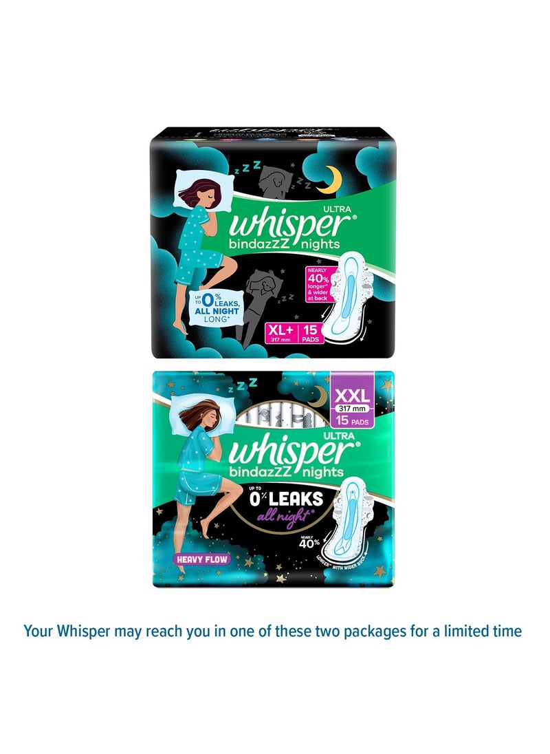 WHISPER BINDAZZZ NIGHTS SANITARY PADS, 15 XL+ PADS, UPTO 0% LEAKS ALL NIGHT LONG, FOR HEAVY FLOW, 40% LONGER & WIDER BACK, COMFORTABLE CUSHIONY SOFT WINGS, DISPOSABLE WRAPPER