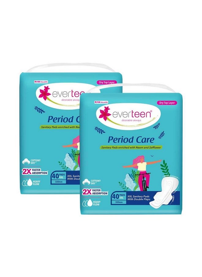 Period Care Xxl Dry Neem-Safflower Sanitary Pads For Women - 80 Pads, Rash Free, Anti Tan, Skin Friendly, Double Wing Shape, Advanced Leak Protection, Xx Large, 320Mm - 2 Packs (40 Pads Each, 320Mm)