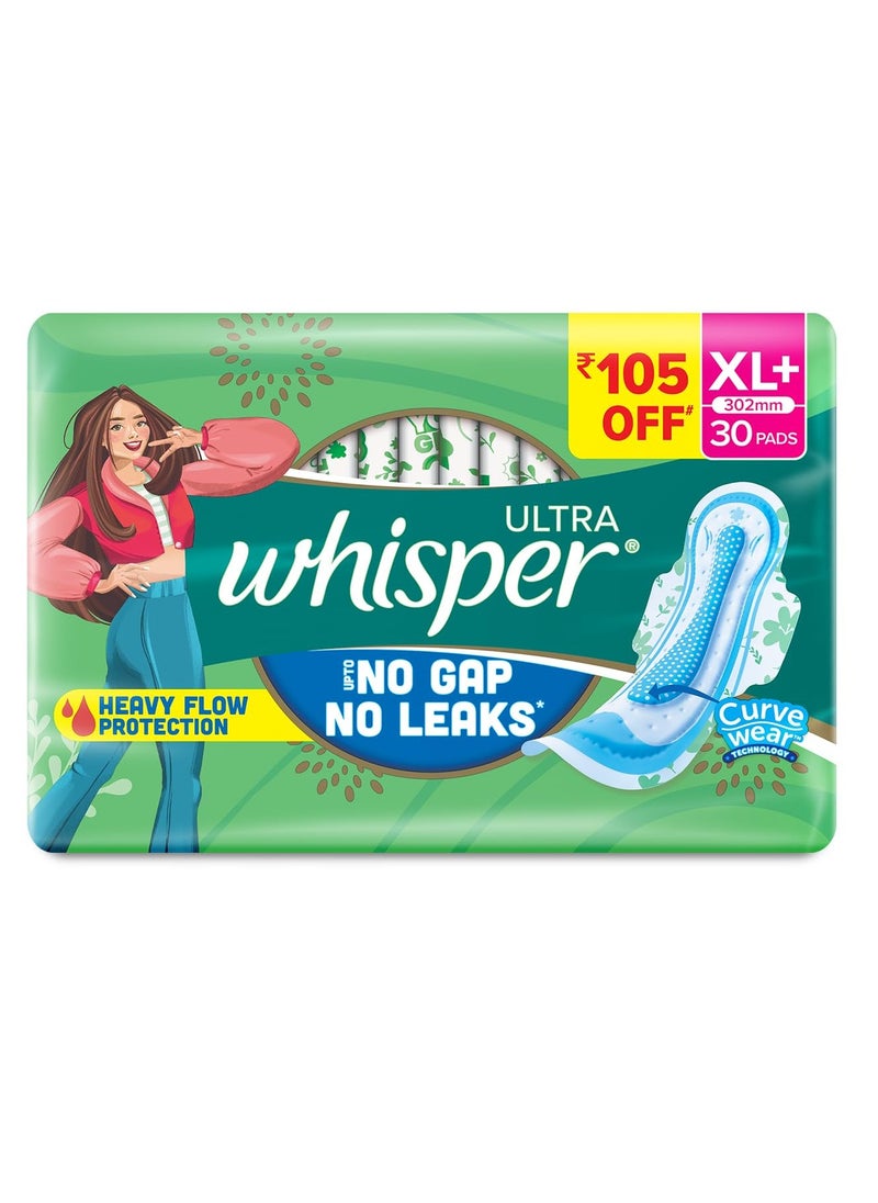 WHISPER ULTRA HYGIENE+COMFORT SANITARY PADS, 30 XL+ PADS, FOR HEAVY FLOW, LONG LASTING PROTECTION, LOCKS ODOUR & WETNESS, DRY TOP SHEET, DISPOSABLE WRAPPER