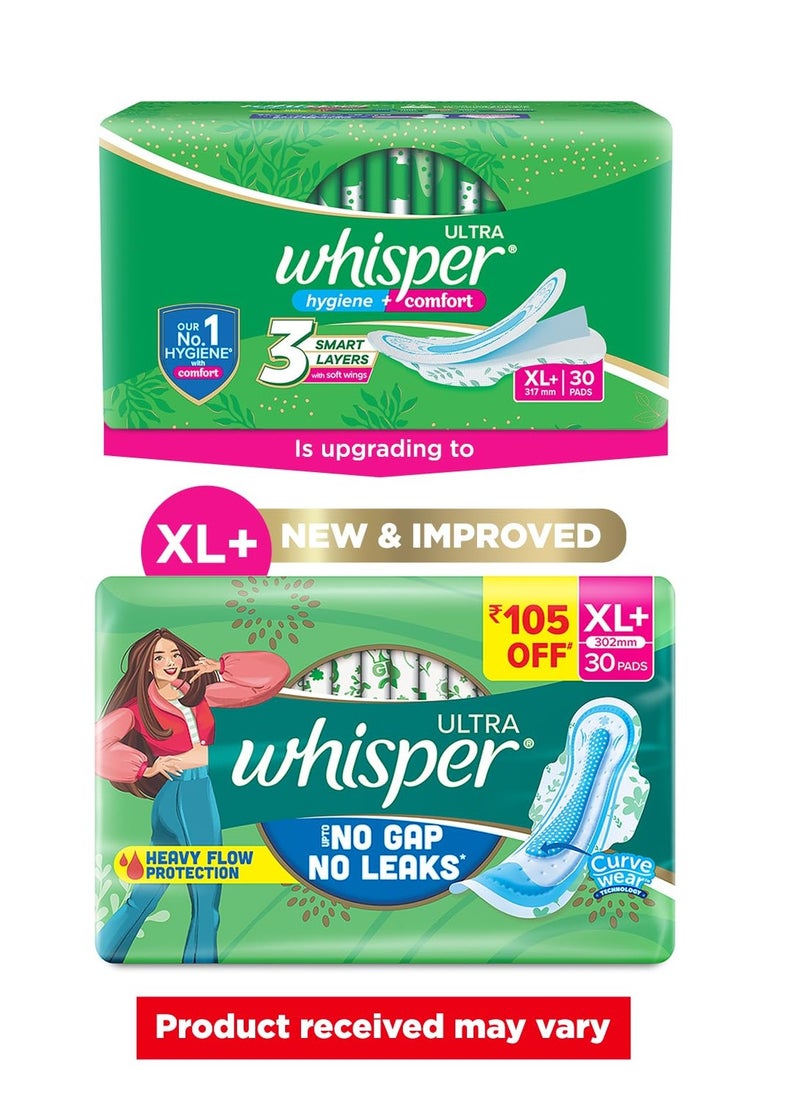 WHISPER ULTRA HYGIENE+COMFORT SANITARY PADS, 30 XL+ PADS, FOR HEAVY FLOW, LONG LASTING PROTECTION, LOCKS ODOUR & WETNESS, DRY TOP SHEET, DISPOSABLE WRAPPER