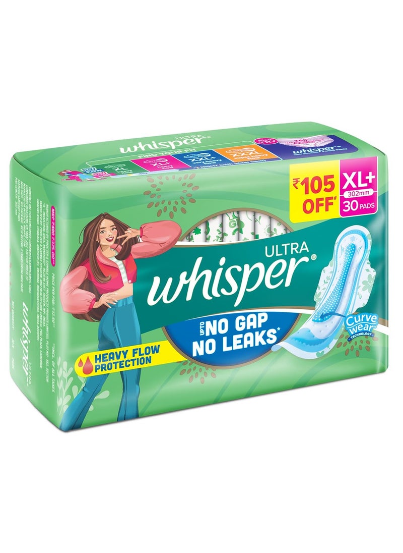 WHISPER ULTRA HYGIENE+COMFORT SANITARY PADS, 30 XL+ PADS, FOR HEAVY FLOW, LONG LASTING PROTECTION, LOCKS ODOUR & WETNESS, DRY TOP SHEET, DISPOSABLE WRAPPER