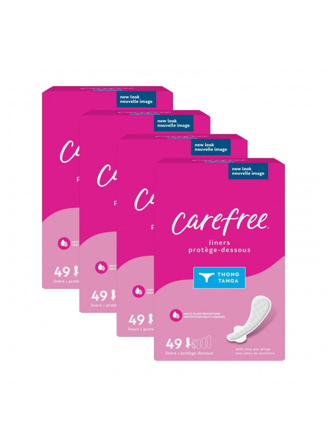 Carefree Thong Panty Liners, Unwrapped, Unscented, 196ct (4 Packs of 49ct)(Packaging May Vary)