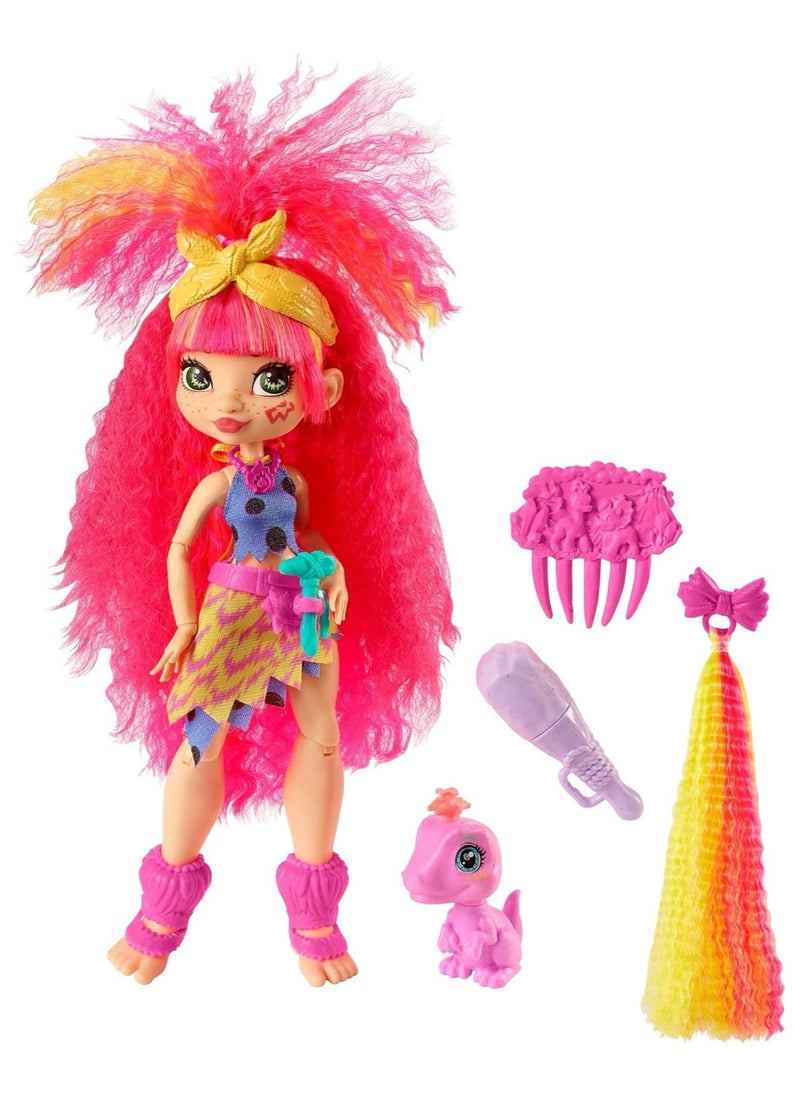 Mattel Cave Club Emberly Doll (8-10-inch, Pink Hair) Poseable Prehistoric Fashion Doll with Dinosaur Pet