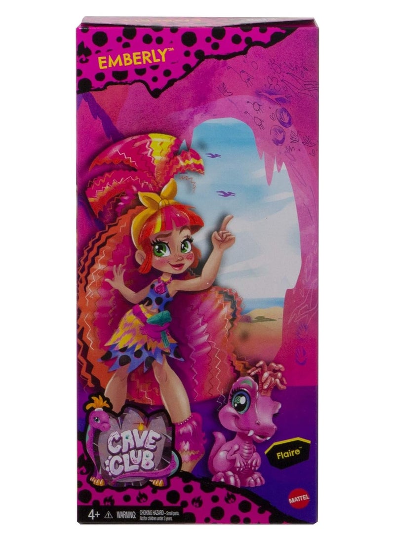 Mattel Cave Club Emberly Doll (8-10-inch, Pink Hair) Poseable Prehistoric Fashion Doll with Dinosaur Pet