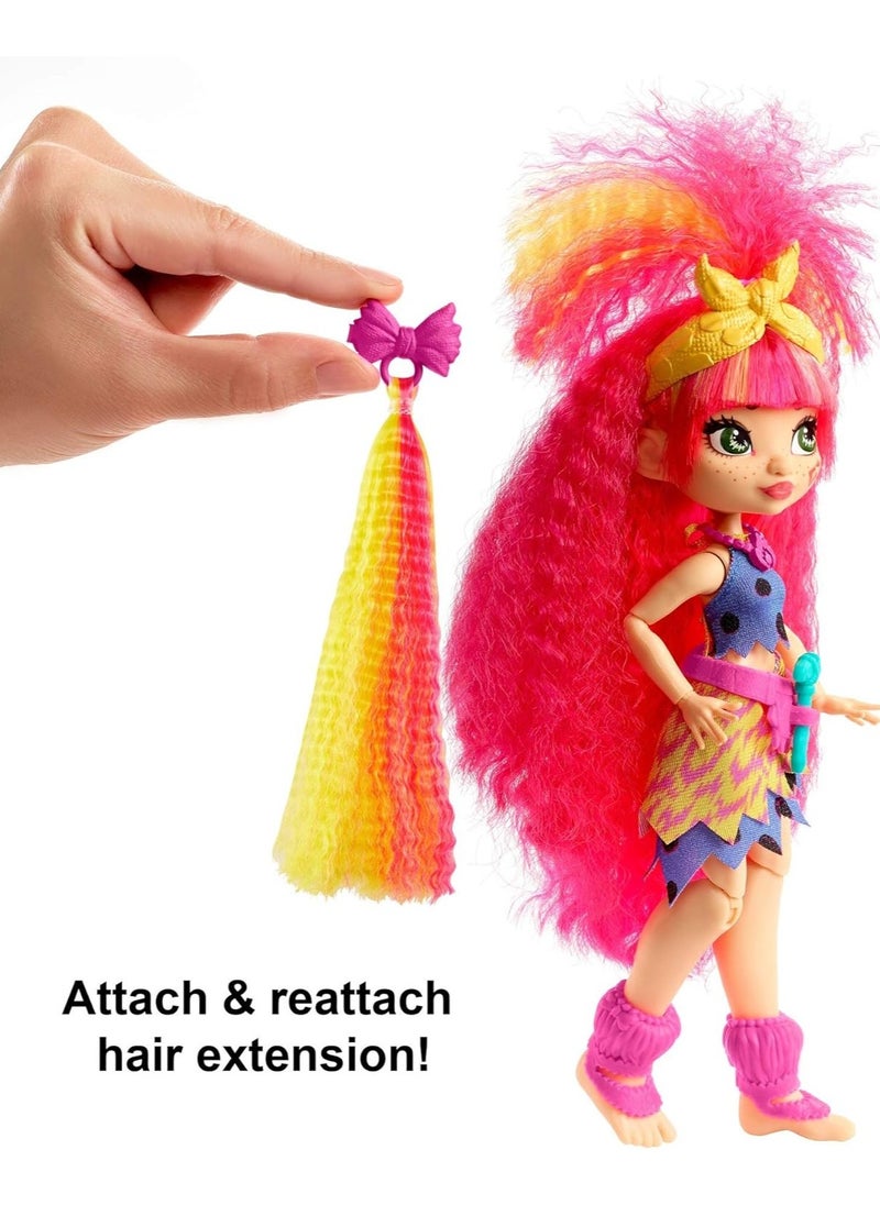 Mattel Cave Club Emberly Doll (8-10-inch, Pink Hair) Poseable Prehistoric Fashion Doll with Dinosaur Pet