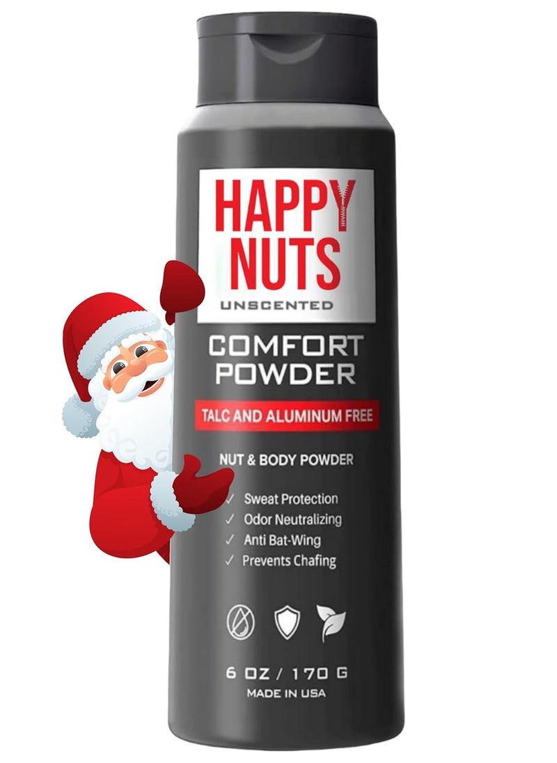 HAPPY NUTS Comfort Powder - Anti Chafing & Deodorant, Aluminum-Free, Sweat and Odor Control for Jock Itch, Groin and Men's Private Parts 6 oz. (Pack of 1, Unscented)