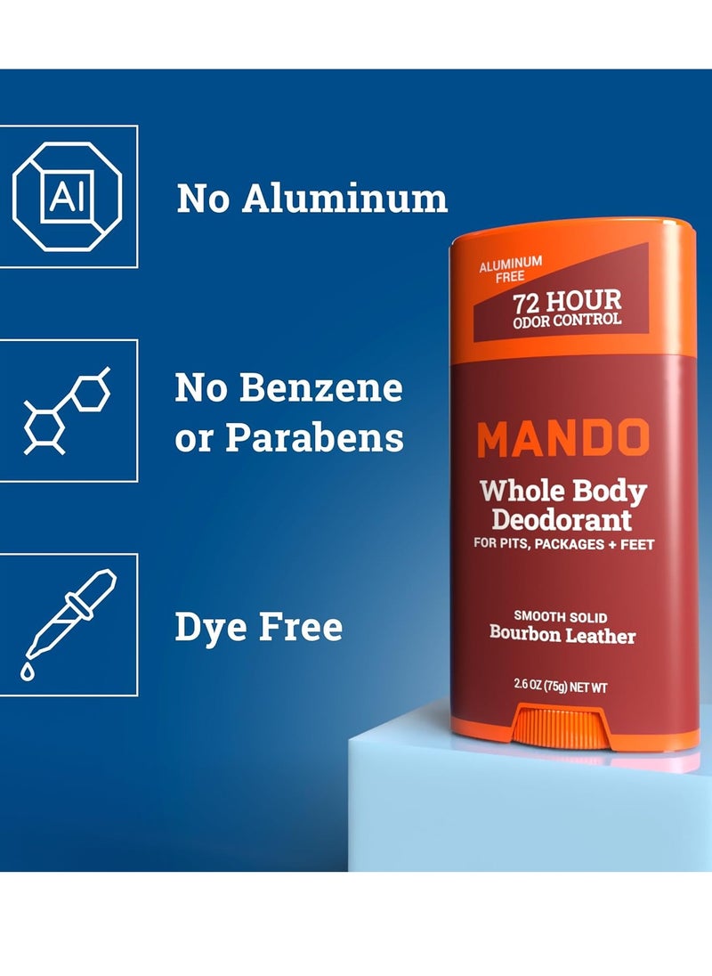 Mando Whole Body Deodorant For Men - Smooth Solid Stick - 72 Hour Odor Control - Aluminum Free, Baking Soda Free, Skin Safe - 2.6 Ounce (Pack of 2) - Bourbon Leather