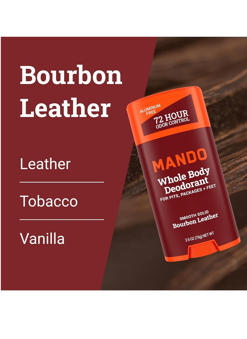 Mando Whole Body Deodorant For Men - Smooth Solid Stick - 72 Hour Odor Control - Aluminum Free, Baking Soda Free, Skin Safe - 2.6 Ounce (Pack of 2) - Bourbon Leather