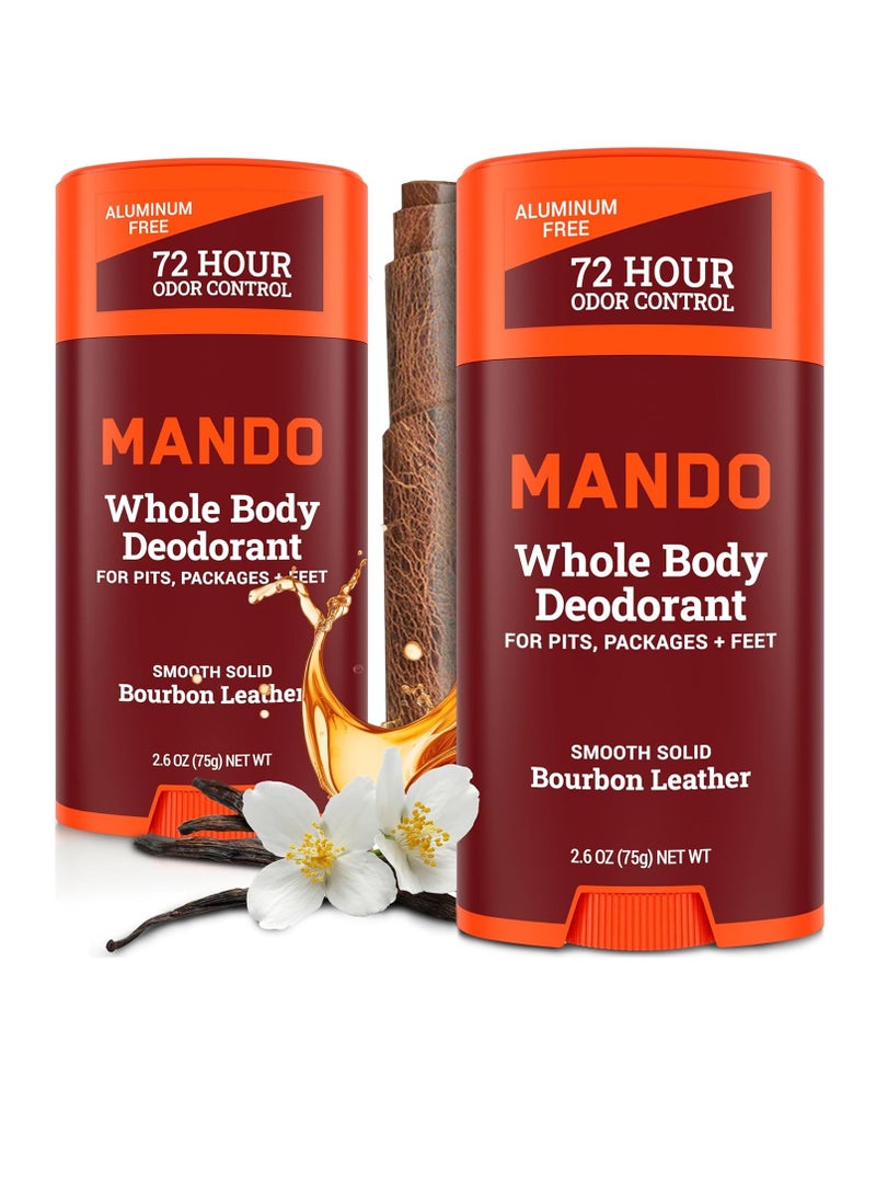 Mando Whole Body Deodorant For Men - Smooth Solid Stick - 72 Hour Odor Control - Aluminum Free, Baking Soda Free, Skin Safe - 2.6 Ounce (Pack of 2) - Bourbon Leather