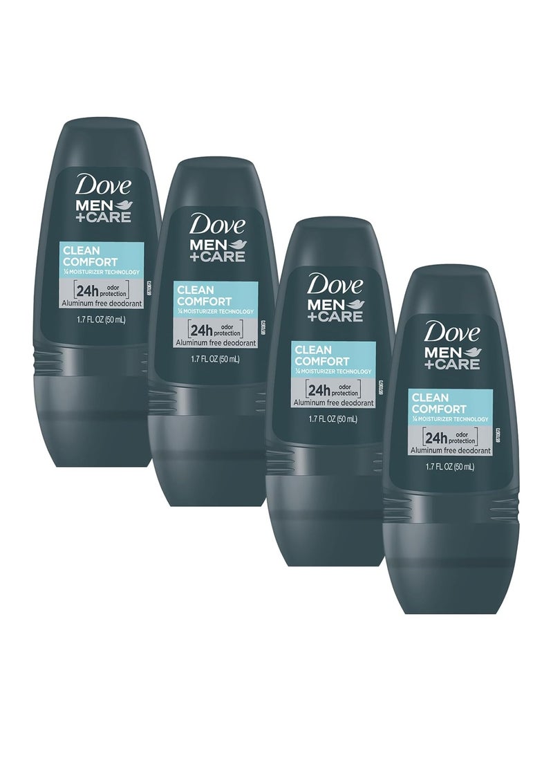 Dove Men+Care Clean Comfort Roll on Deodorant, Aluminum Free, For All Day Underarm Odor Protection, 4-Pack, 1.7 Fl Oz Each, 4 Bottles