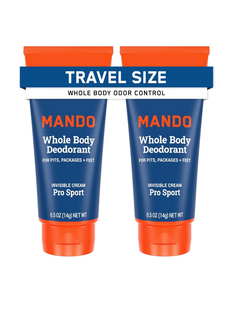 Mando Whole Body Deodorant - Mini Travel Size Invisible Cream Tube - 72 Hour Odor Control - Aluminum and Baking Soda Free, Skin Safe - .5 oz (Pack of 2) (Pro Sport)