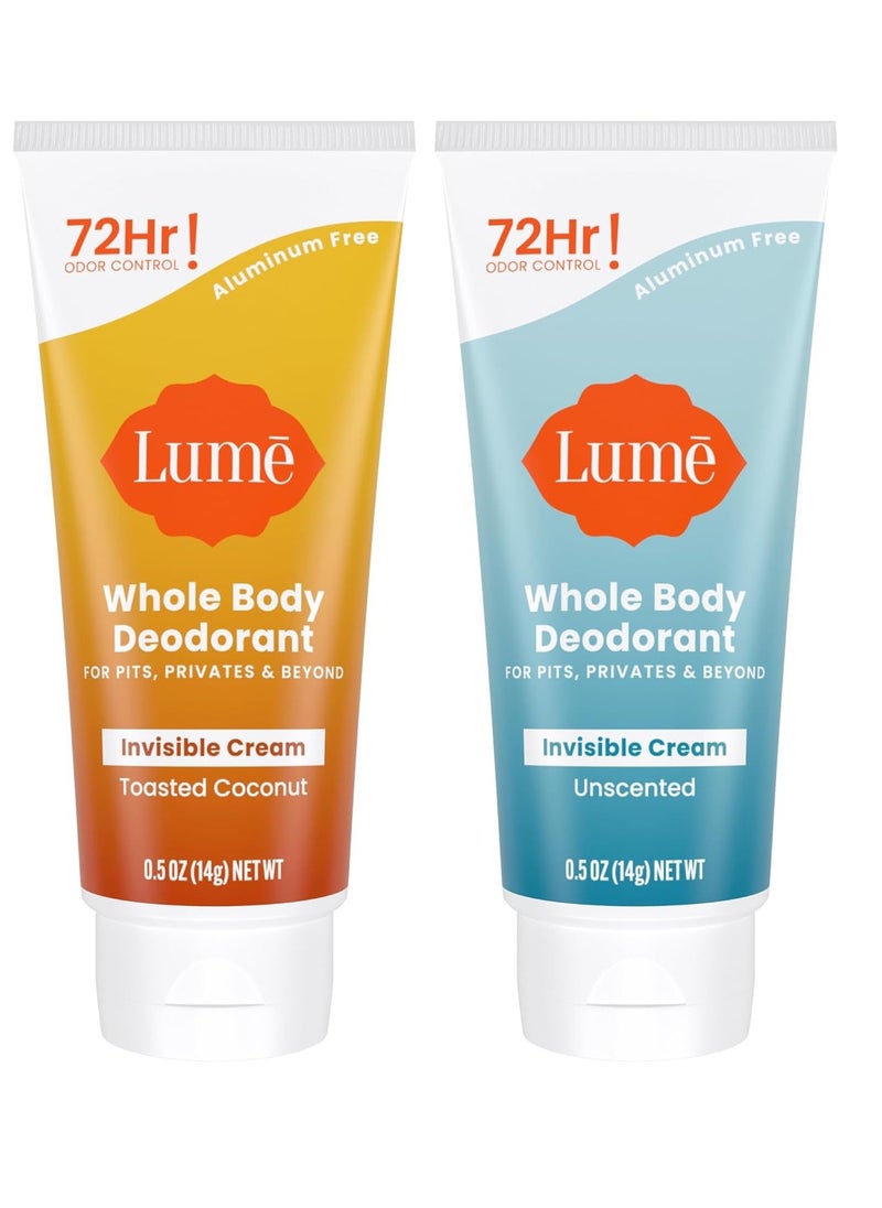 Lume Whole Body Deodorant - Mini Travel Size Invisible Cream Tube - Trial Size - 72 Hour Odor Control - Doctor Developed - Aluminum and Baking Soda Free - .5oz (Pack of 2)(Toasted Coconut & Unscented)