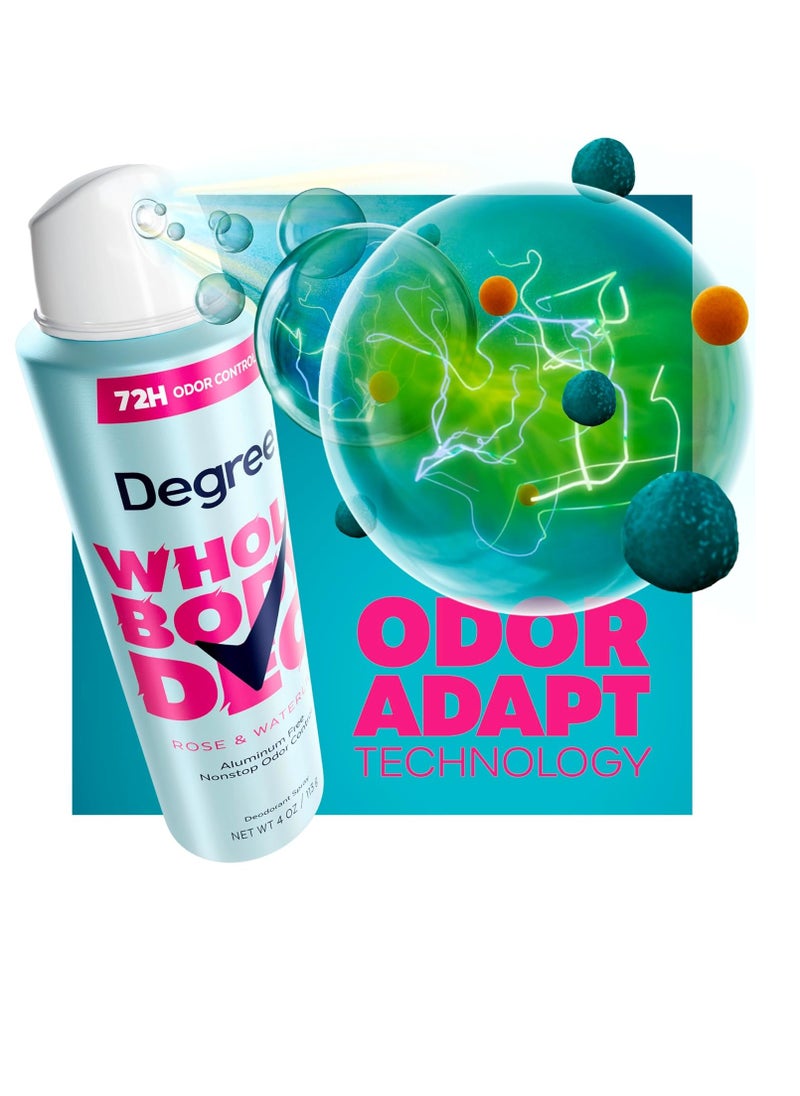 Degree Whole Body Deodorant Rose & Waterlily Deodorant Spray for Women Aluminum Free 72H Odor Protection 4 oz