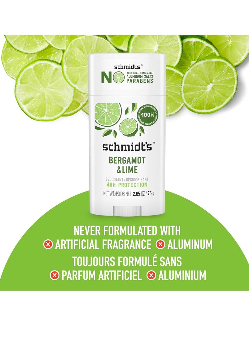 Schmidt's Aluminum Free Natural Deodorant for Women and Men, Bergamot and Lime with 24 Hour Odor Protection, Certified Natural, Vegan, Cruelty Free, 2.65 oz