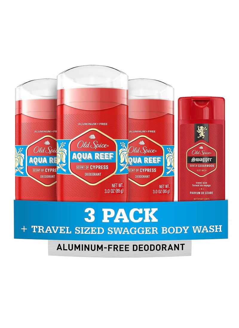 Old Spice Men's Deodorant Aluminum-Free Aqua Reef, 3.0oz Pack of 3 with Travel-Size Swagger Body Wash