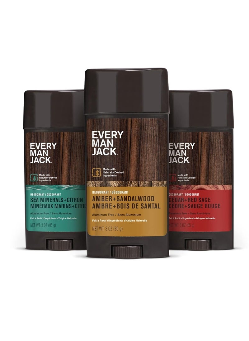 Every Man Jack Men's Deodorant Variety Set - Includes 3 Full-Sized Deodorant Sticks with Clean Ingredients & Incredible Scents - Cedar + Red Sage, Amber + Sandalwood, Sea Mineral + Citron Fragrances (3 Pack)