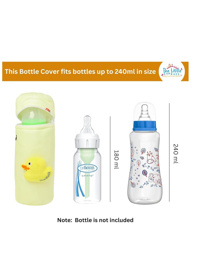 THE LITTLE LOOKERS Soft Plush Stretchable Baby Feeding Bottle Cover with Easy to Hold Strap | Cute Animated Overall Print Pack of 3 (Multicolor, Zip Closure 240ml)