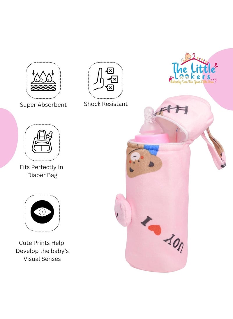 THE LITTLE LOOKERS Soft Plush Stretchable Baby Feeding Bottle Cover with Easy to Hold Strap | Cute Animated Overall Print Pack of 3 (Multicolor, Zip Closure 240ml)