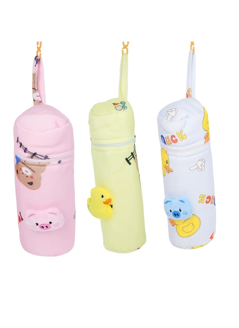 THE LITTLE LOOKERS Soft Plush Stretchable Baby Feeding Bottle Cover with Easy to Hold Strap | Cute Animated Overall Print Pack of 3 (Multicolor, Zip Closure 240ml)