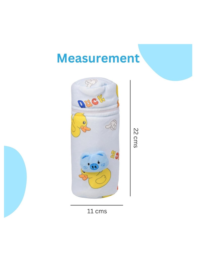 THE LITTLE LOOKERS Soft Plush Stretchable Baby Feeding Bottle Cover with Easy to Hold Strap | Cute Animated Overall Print Pack of 3 (Multicolor, Zip Closure 240ml)