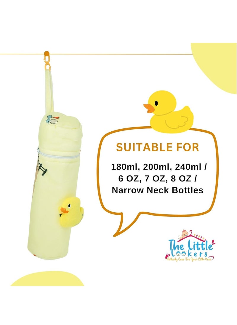 THE LITTLE LOOKERS Soft Plush Stretchable Baby Feeding Bottle Cover with Easy to Hold Strap | Cute Animated Overall Print Pack of 3 (Multicolor, Zip Closure 240ml)