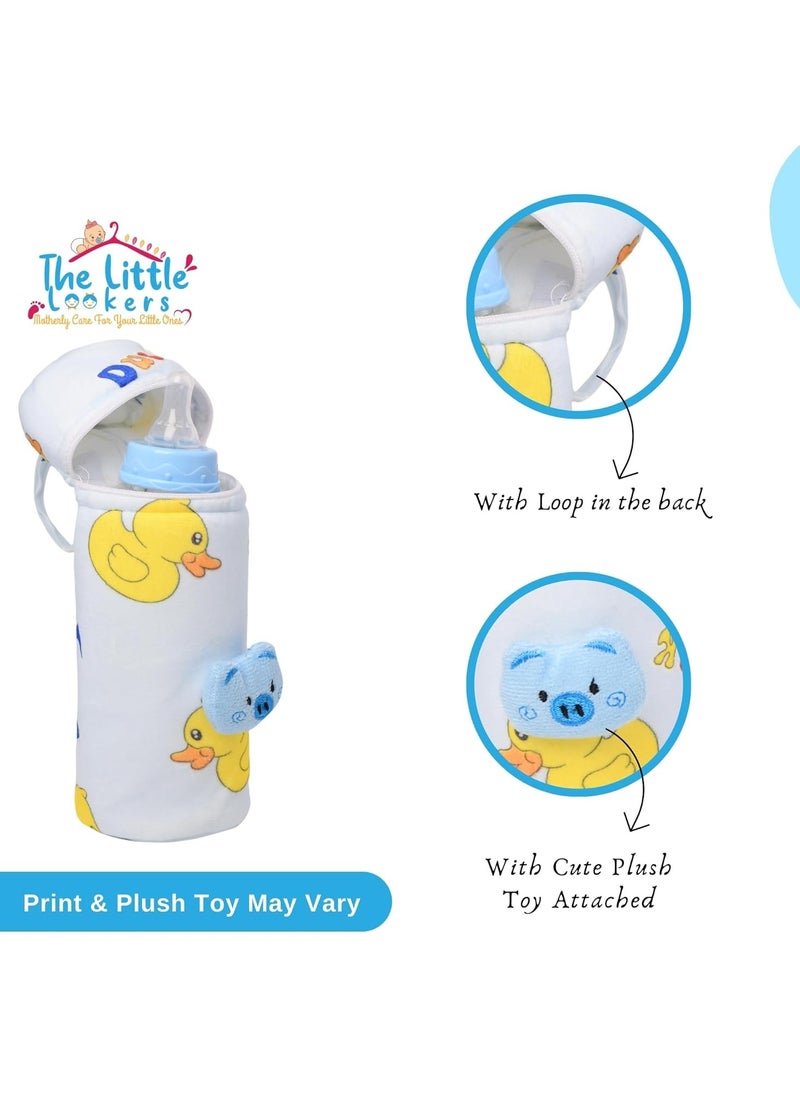 THE LITTLE LOOKERS Soft Plush Stretchable Baby Feeding Bottle Cover with Easy to Hold Strap | Cute Animated Overall Print Pack of 3 (Multicolor, Zip Closure 240ml)