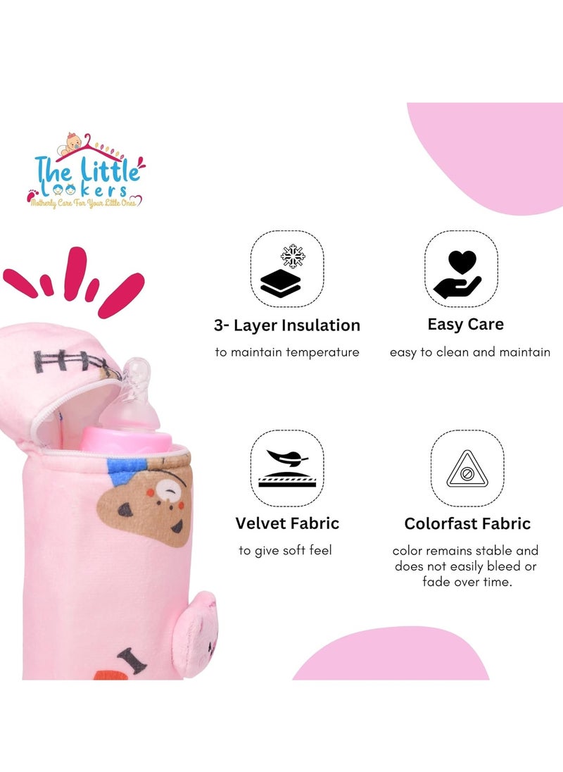 THE LITTLE LOOKERS Soft Plush Stretchable Baby Feeding Bottle Cover with Easy to Hold Strap | Cute Animated Overall Print Pack of 3 (Multicolor, Zip Closure 240ml)